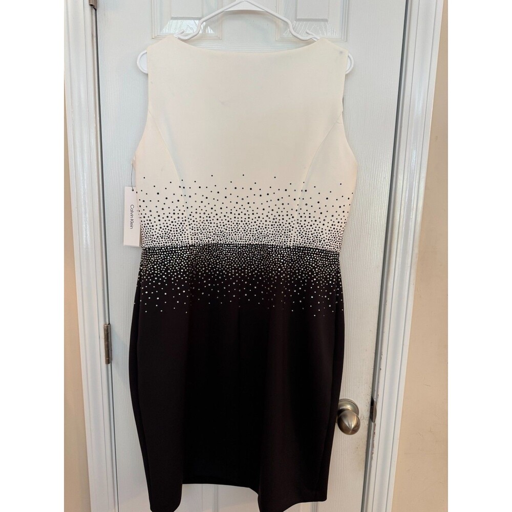 Calvin Klein Crystal Black White Sheath Dress Knee Length Sleeveless NWT Sz 14 - Picture 8 of 11